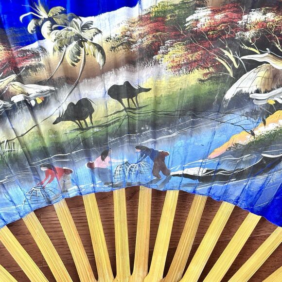 60 x 35 VTG Large Asian Fan Hanging Wall Décor HandPainted Village Mountain Lake - Picture 8 of 13